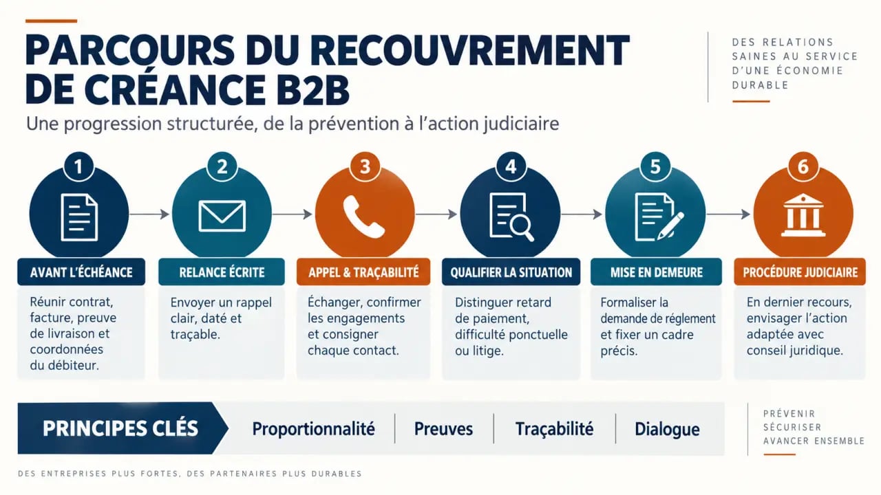 Infographie sur le recouvrement créance B2B et les étapes de relance amiable