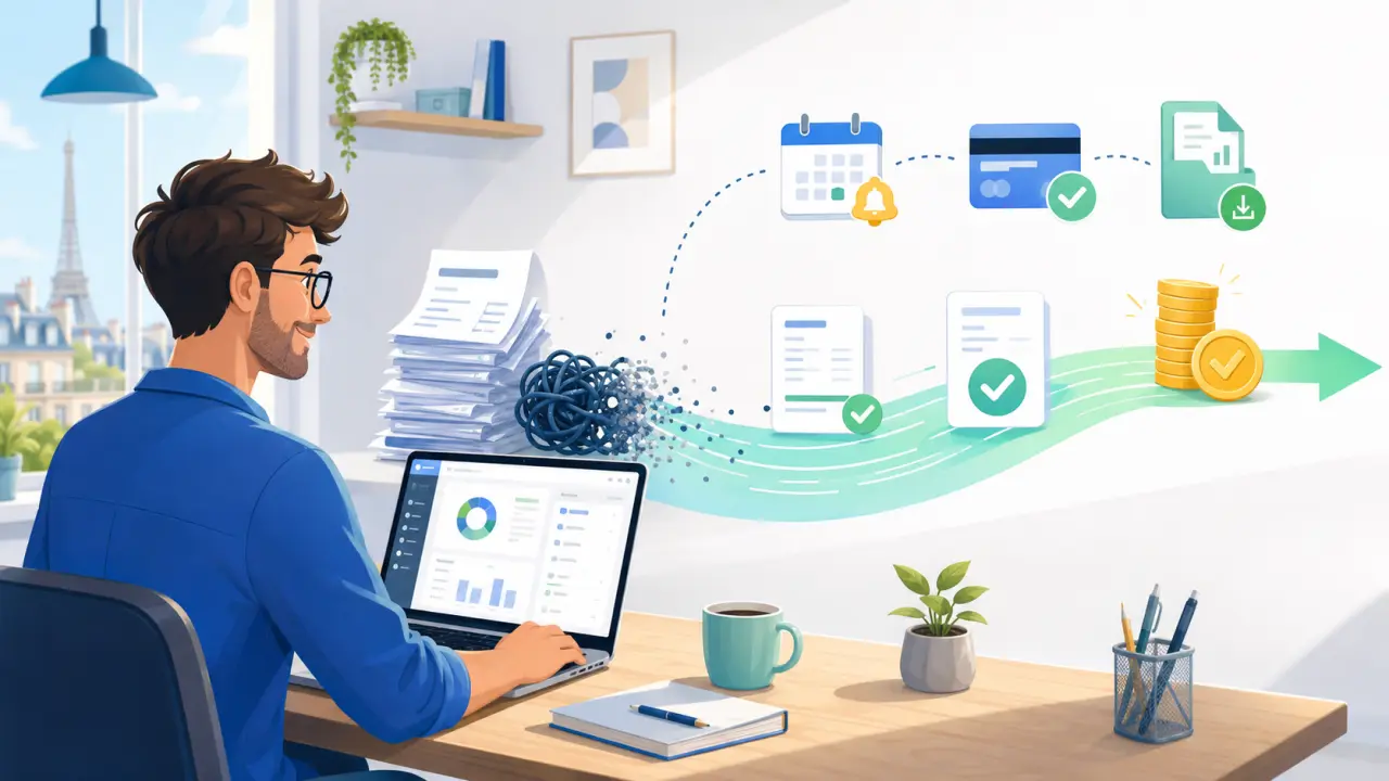 Freelance envoyant une facture depuis son ordinateur, avec une ambiance positive et moderne