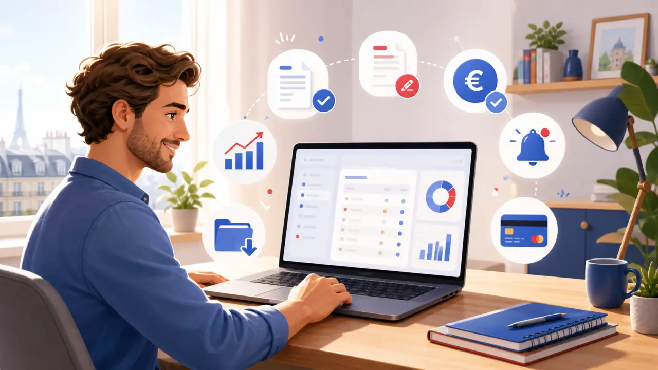 Freelance envoyant une facture depuis son ordinateur avec des éléments de croissance positive