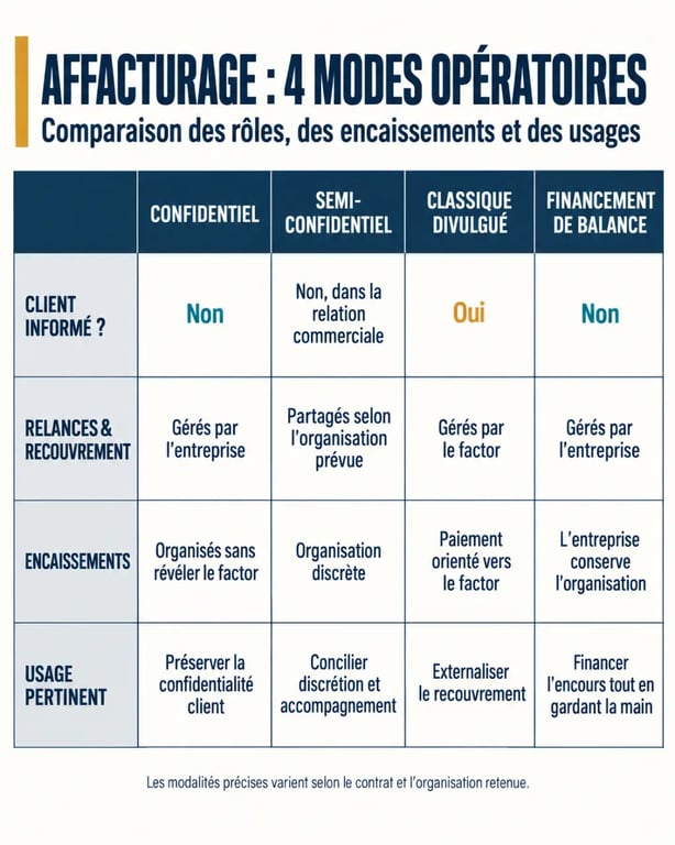 Infographie comparative des formes d’affacturage confidentiel, semi-confidentiel et classique