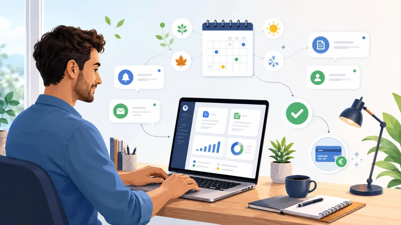 Freelance envoyant un devis depuis son ordinateur portable, dans une ambiance colorée et minimaliste