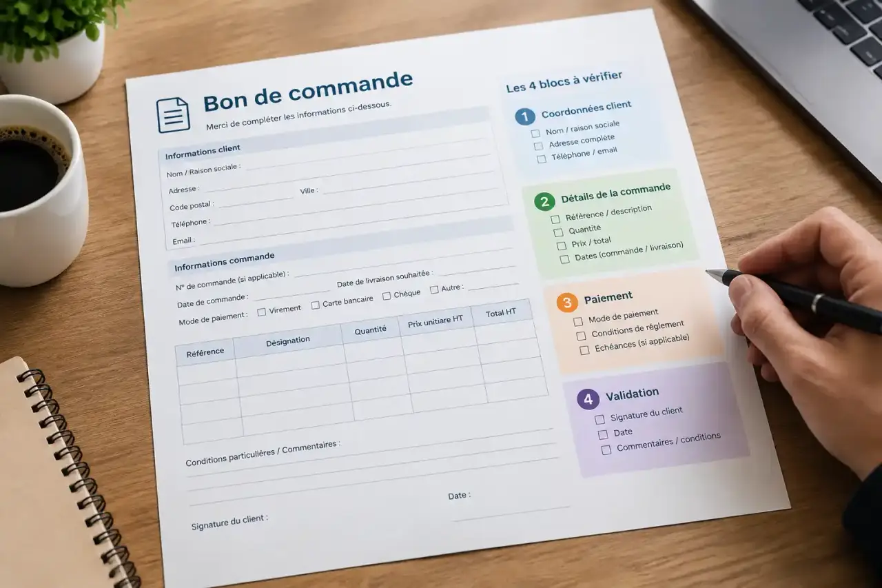 Bon de commande : le modèle prêt à remplir et les 4 blocs à vérifier