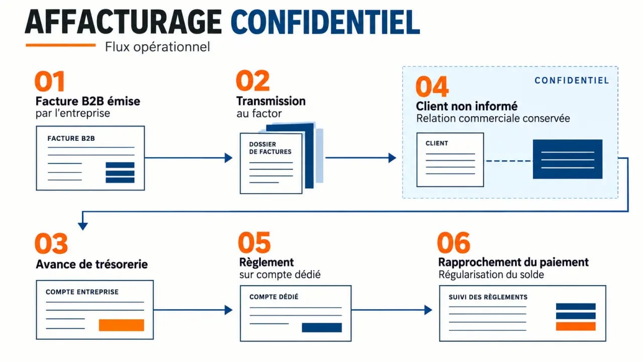 Schéma du fonctionnement de l’affacturage confidentiel, de la facture au règlement sur compte dédié