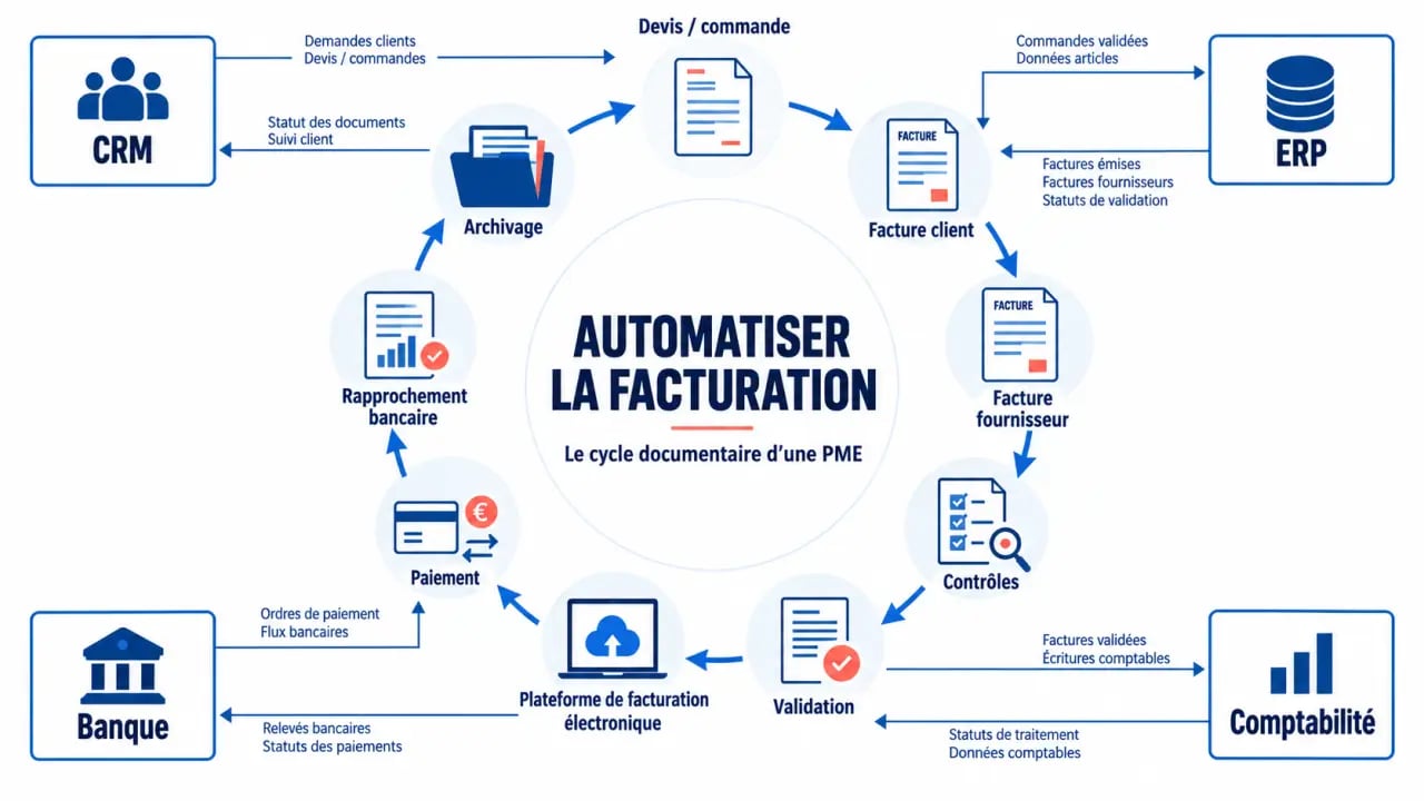 Schéma du cycle d’automatisation des factures PME, de l’émission au paiement et à l’archivage