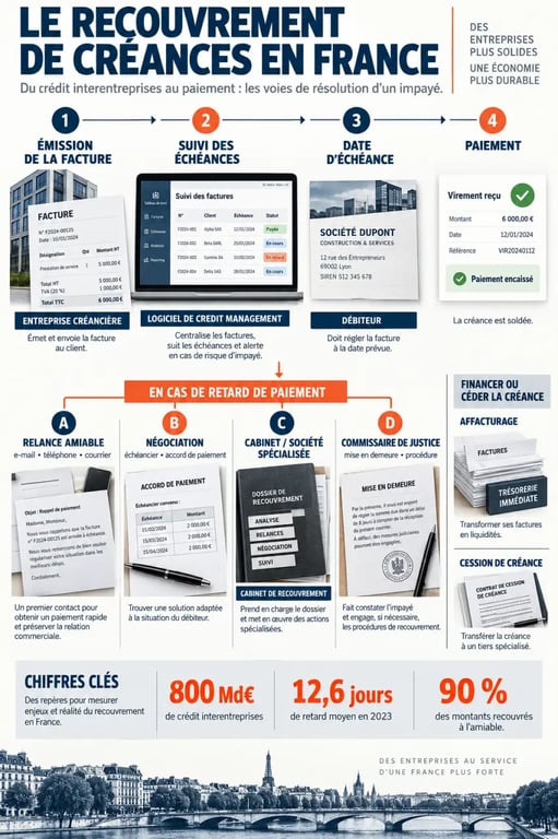 Infographie du marché du recouvrement de créances en France, acteurs, étapes et chiffres clés
