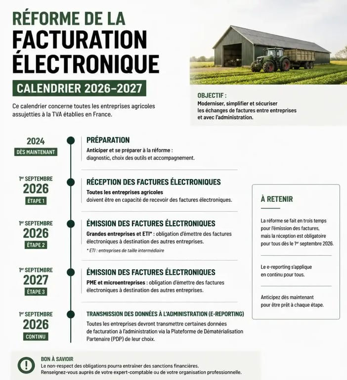 Calendrier de la réforme de la facturation électronique 2026-2027 pour logiciel de facturation des travaux agricoles
